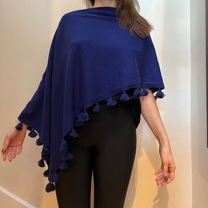 Sara Campbell Navy Cashmere and Cotton Tassel Poncho / Sweater / Shawl - Size S